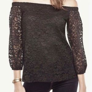 🆕 Ann Taylor Black Lace Off the Shoulder 3/4 Sleeve Top. Fully Lined. Sz. S. NWT